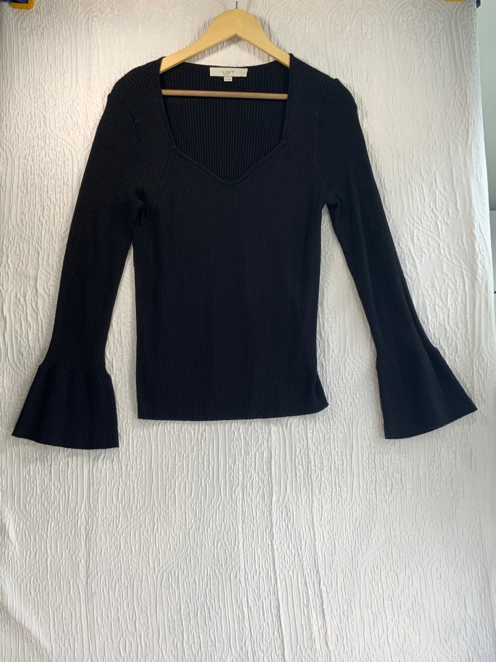 LOFT Black Ribbed V-Neck Long Sleeve Top with Flared Cuffs